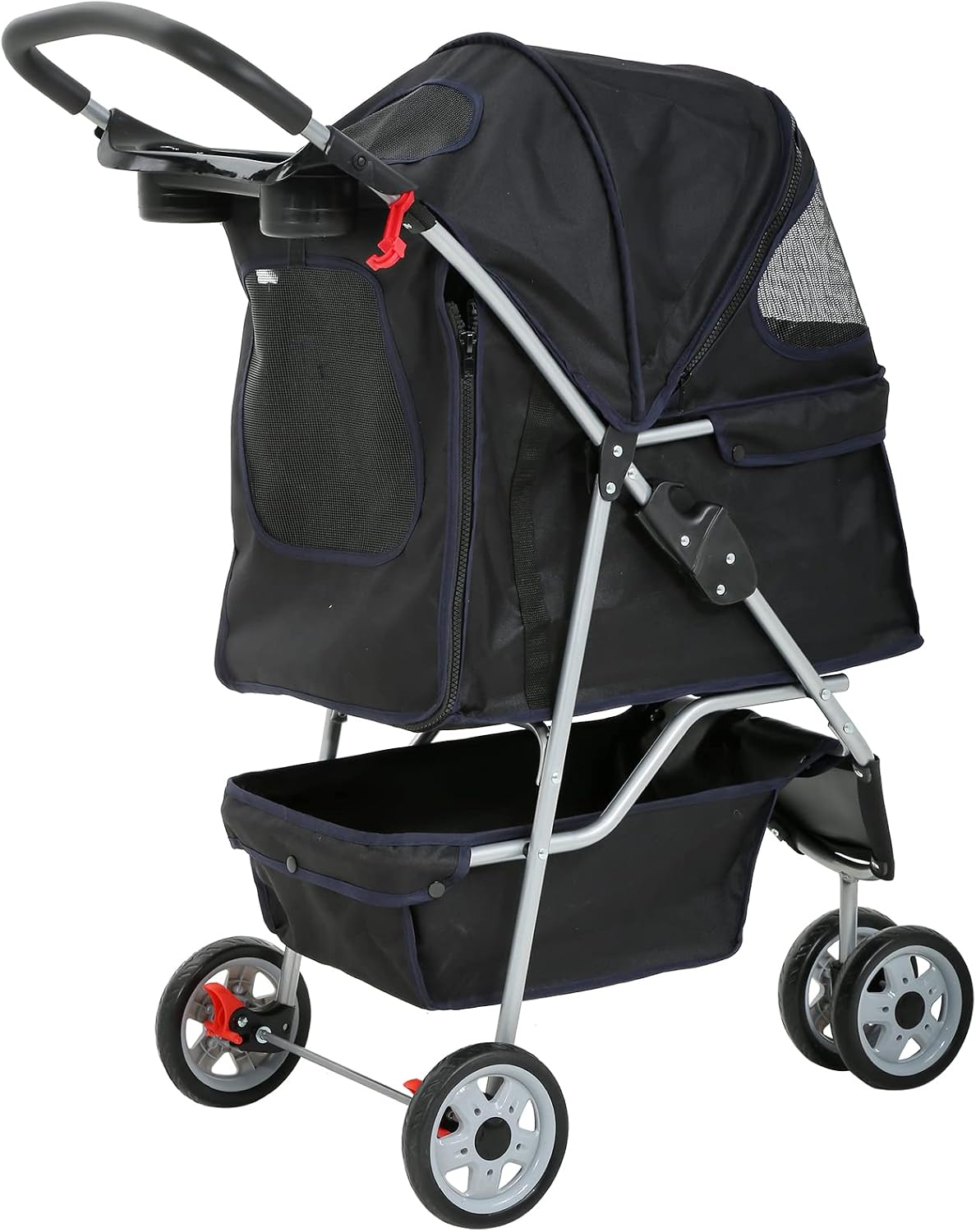 Dkeli 3-Wheel Pet Stroller, Lightweight Foldable Dog Stroller for Small Medium Dogs & Cats, Breathable Mesh & Weather Cover with Storage Basket, for Daily Walk Outdoor Travel (Black)