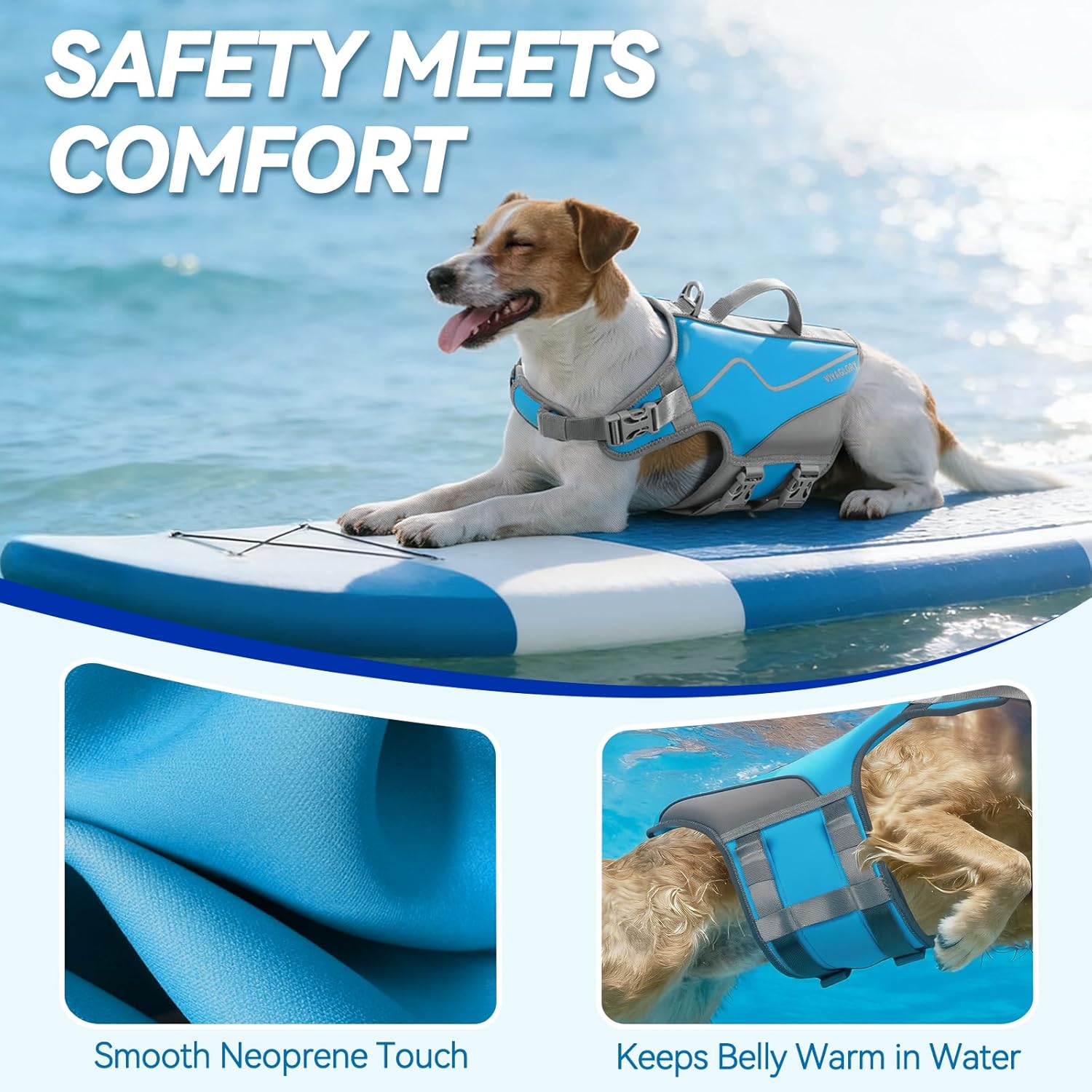 VIVAGLORY Dog Life Vest Neoprene Dog Swim Vest, XS, Cyra Blue | High Visibility Adjustable for Doggy Cat Puppy, Lifejacket with Leash Ring & Handle for Swimming & Boating