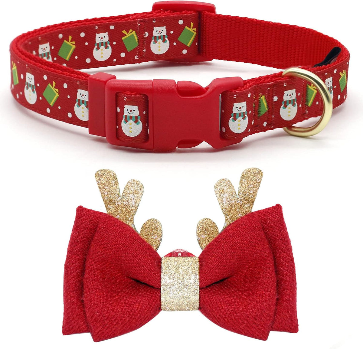 azuza Christmas Dog Collar Adjustable Xmas Dog Collars with Christmas Antler Bow tie Accessories Snowman Dog Collar for Medium Dogs