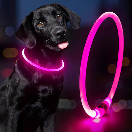 Light Up Dog Collar - Waterproof LED Pet Collar Rechargeable, TPU Cuttable Glow in the Dark Dog Lights for Night Walking (Pink)