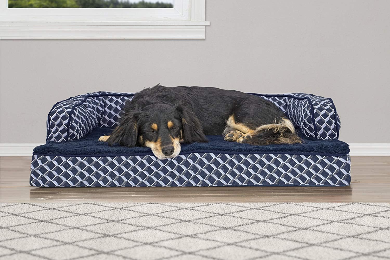 Furhaven Orthopedic Dog Bed for Medium/Small Dogs w/ Removable Bolsters & Washable Cover, For Dogs Up to 35 lbs - Plush & Woven Decor Comfy Couch Sofa - Diamond Blue, Medium