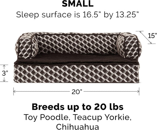 Furhaven Orthopedic Dog Bed for Small Dogs w/ Removable Bolsters & Washable Cover, For Dogs Up to 20 lbs - Plush & Woven Decor Comfy Couch Sofa - Diamond Brown, Small