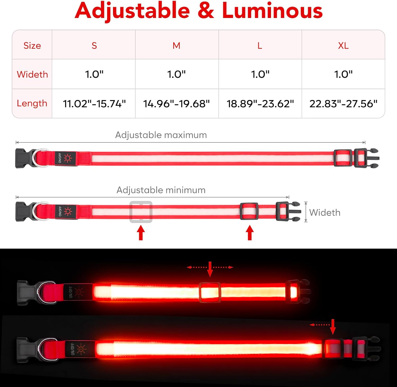 Vizpet LED Dog Collar, Light Up Dog Collar Adjustable USB Rechargeable Super Bright Safety Light Glowing Collars for Dogs(Small,Red)