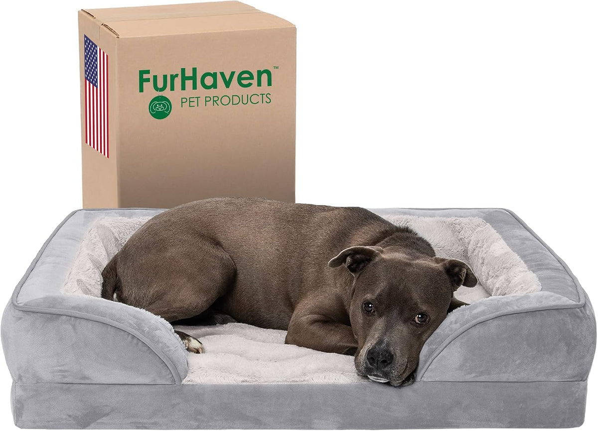 FurHaven Soft, Orthopedic Foam Perfect Comfort Dog Bed with Washable & Removable Cover -Velvet Waves - Granite Gray, Dogs Up to 55 lbs - Large