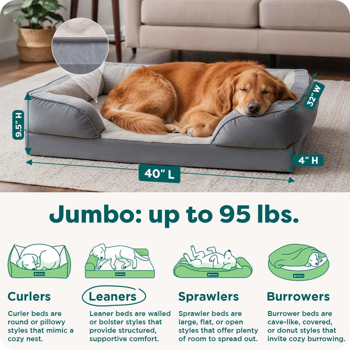Furhaven Orthopedic Dog Bed for Large Dogs w/ Removable Bolsters & Washable Cover, For Dogs Up to 95 lbs - Plush & Velvet Waves Perfect Comfort Sofa - Granite Gray, Jumbo/XL