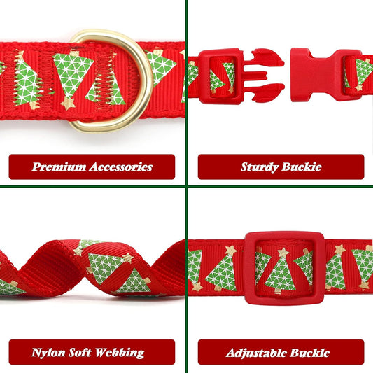 Azuza Christmas Dog Collar with Bow Tie - Adjustable Festival Green Tree Collar for Medium Dogs