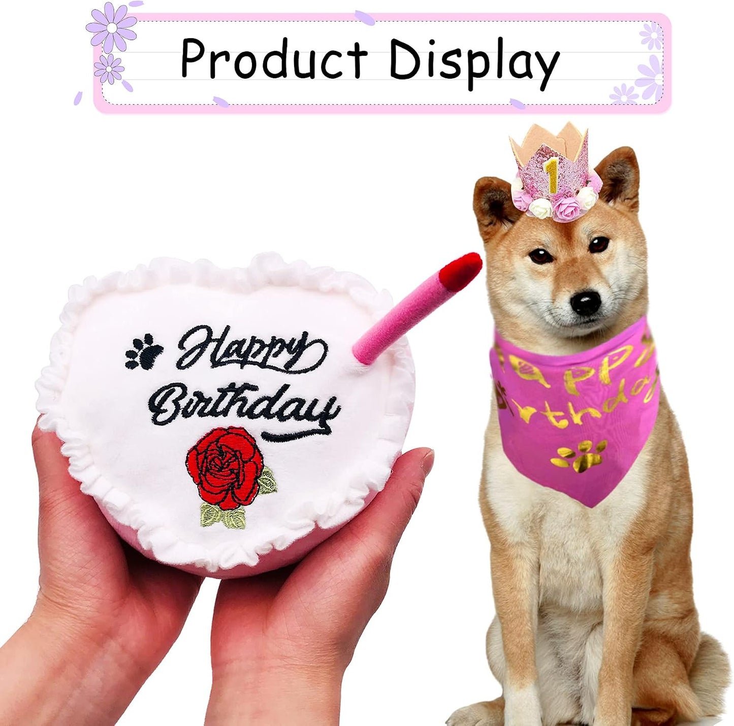PET SHOW Small Dog Birthday Bandana Set Pink for Girls with Puppy Crown Hat and Heart Plush Cake Toy with Bell Inside Doggies Happy Birthday Party Supplies Decorations for Medium Dogs