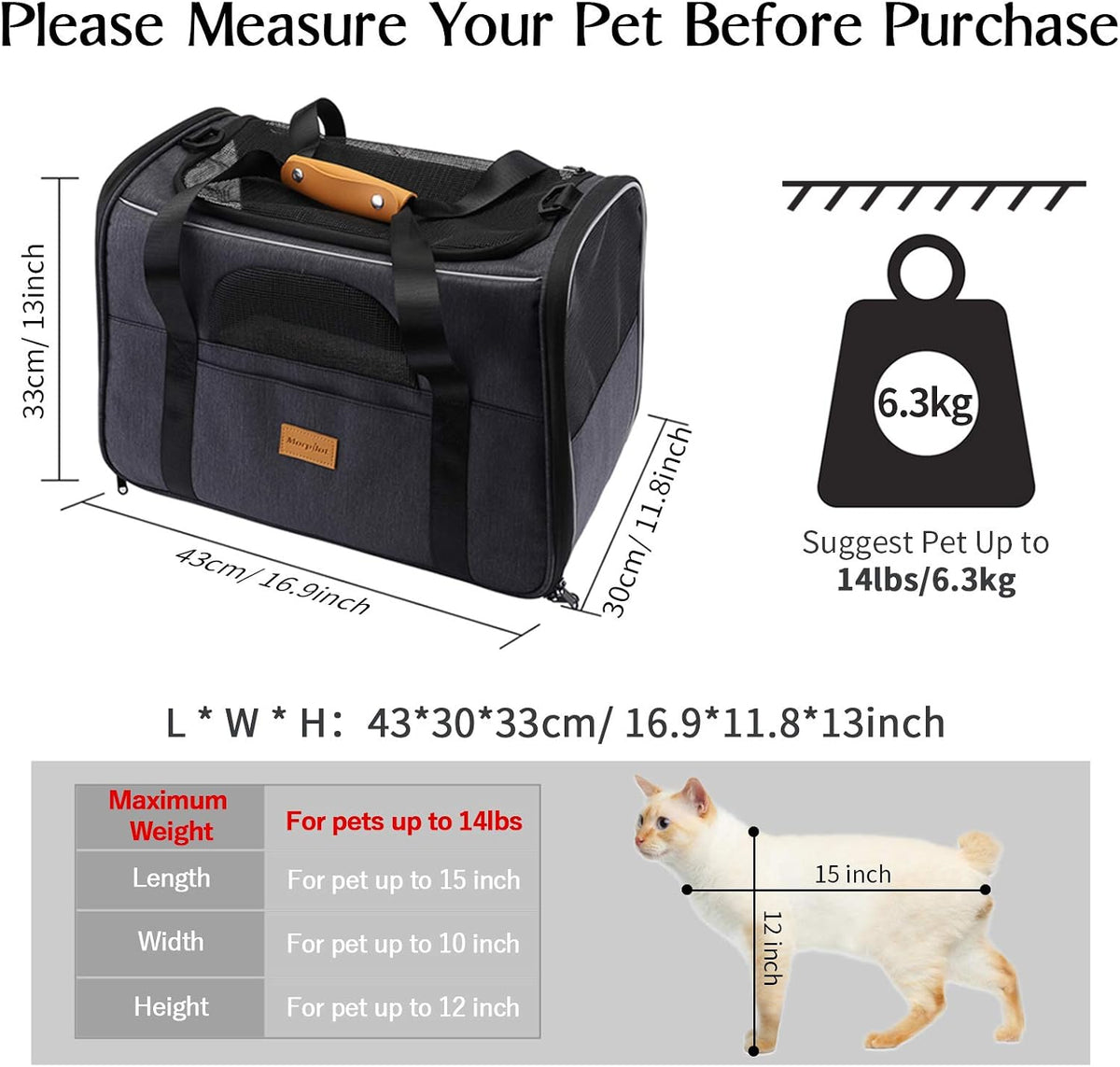 Morpilot Cat Carrier, Portable Pet Carrier Bag for Cats and Small Dogs, Foldable Soft Sided Cat Transport Carrier, Airline Approved Pet Travel Carrier with Shoulder Strap, Removable Mat and Pet Bowl