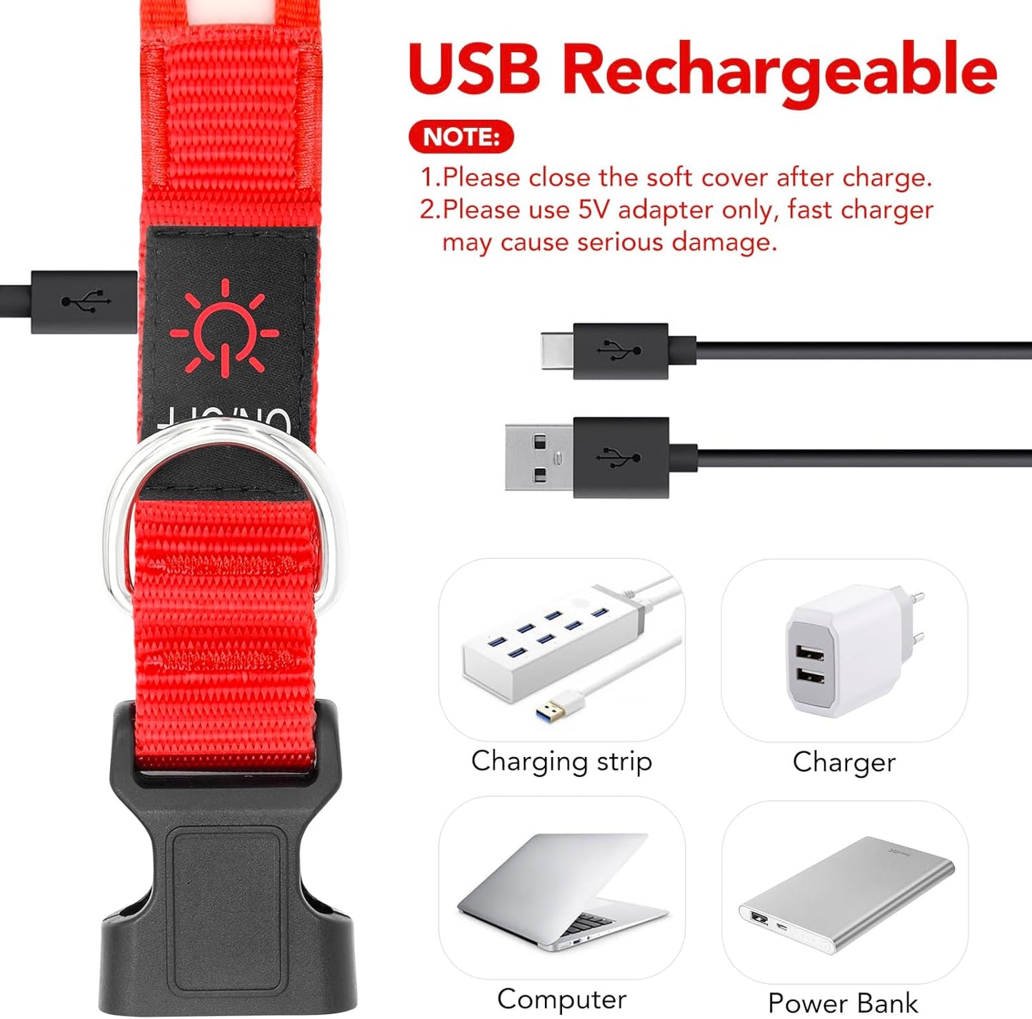Vizpet LED Dog Collar, Light Up Dog Collar Adjustable USB Rechargeable Super Bright Safety Light Glowing Collars for Dogs(Small,Red)