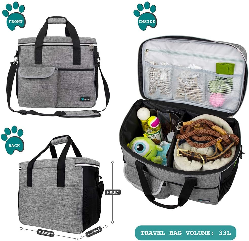 PetAmi Dog Travel Bag Organizer, Pet Travel Kit with 2 Food Containers & 2 Collapsible Dog Bowls, Pet Supplies Tote with Luggage Sleeve, Weekend Road Trip Camping Essentials, Gray, Large