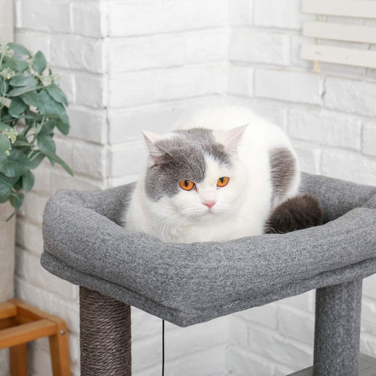 PAWZ Road Cat Tree 35 Inches Wooden Cat Tower with Double Condos, Spacious Perch, Fully Wrapped Scratching Sisal Posts and Replaceable Dangling Balls-Gray