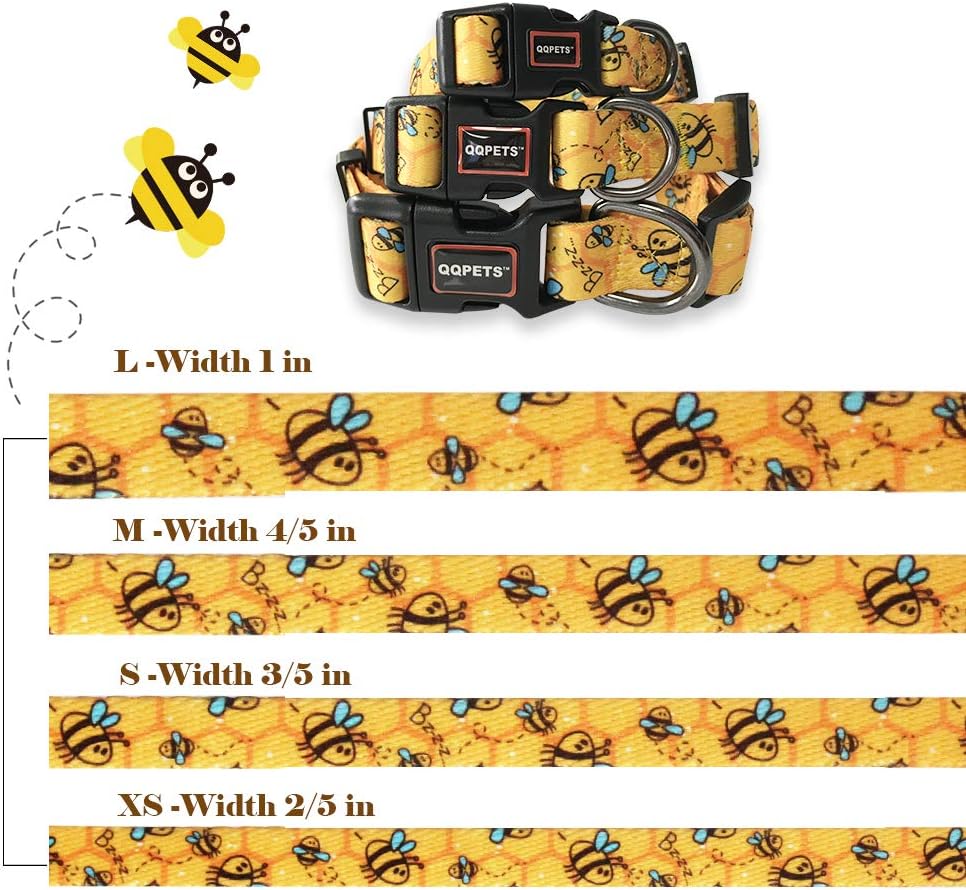 QQPETS Adjustable Soft Dog Collar: Print Flower Pink Multicolor Cute Patterns for XS Small Medium Large Pet Girl Boy Puppy Walking Running Training (M, Yellow Bee)