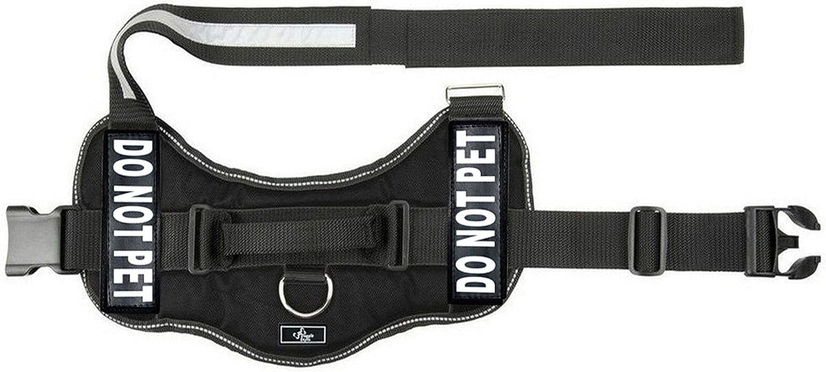 DO NOT PET Dog Vest Harness with Removable Patches and Reflective Trim. Comes with 2 DO NOT PET Reflective Removable Patches. Please Measure Dogs Girth Before Purchase