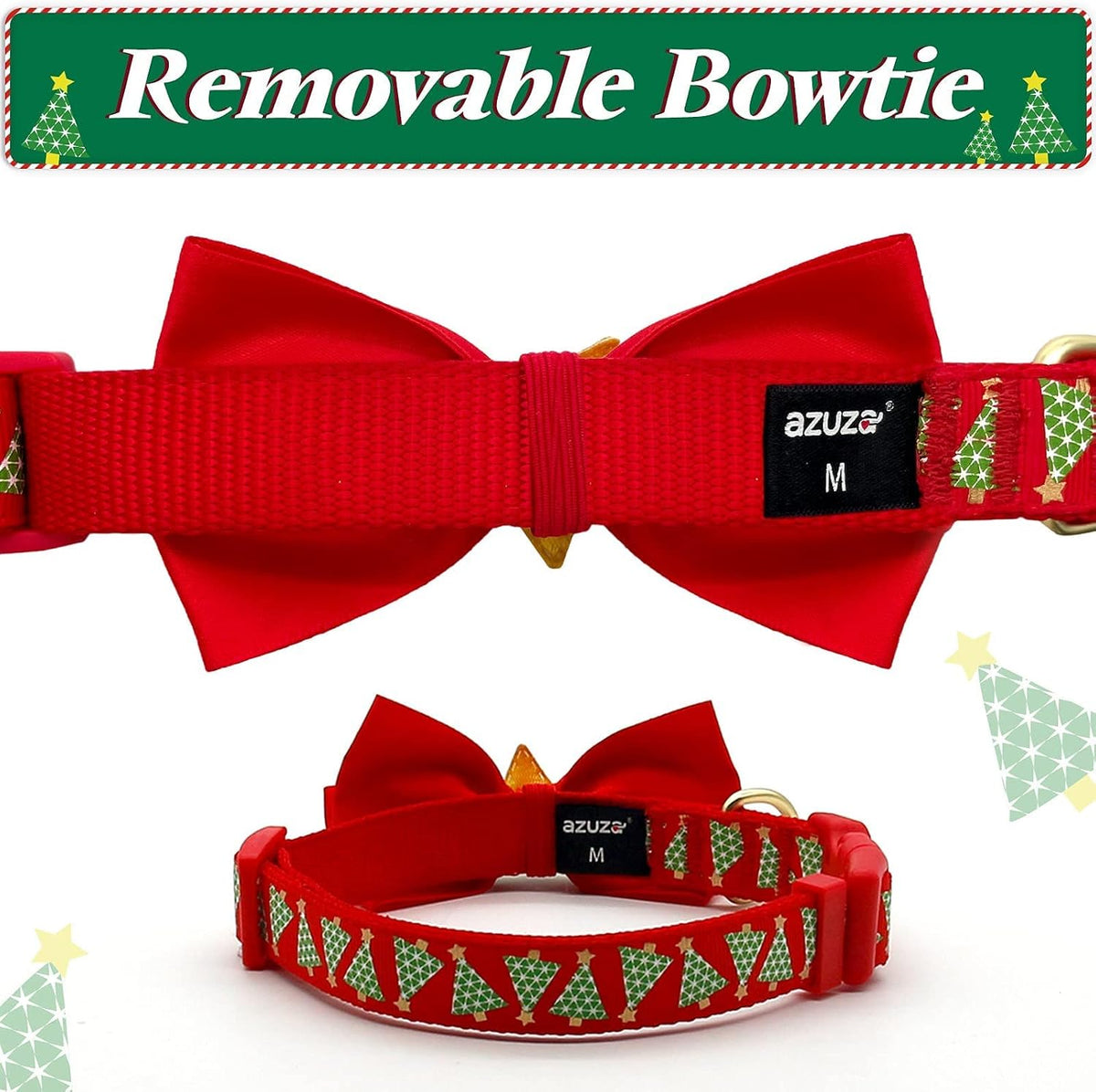 Azuza Christmas Dog Collar with Bow Tie - Adjustable Festival Green Tree Collar for Medium Dogs