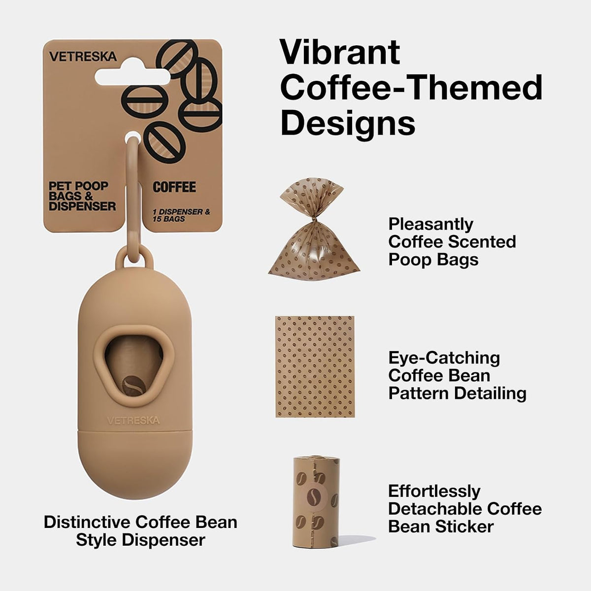 VETRESKA Dog Poop Bags Dispenser with Coffee Scented Waste Bags, Leak Proof, Extra Thick & Strong, 1 Holder and 105 Count Pet Poop Bags (7 Refill Rolls) for Dogs and Cats