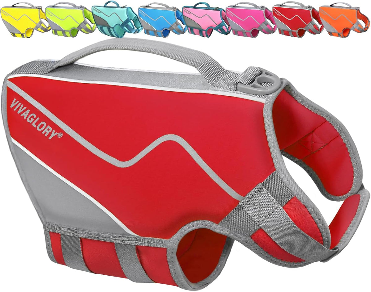 VIVAGLORY Dog Life Vest Neoprene Dog Swim Vest, M, Red | High Visibility Adjustable for Doggy Cat Puppy, Lifejacket with Leash Ring & Handle for Swimming & Boating