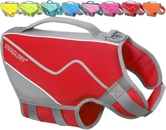 VIVAGLORY Dog Life Vest Neoprene Dog Swim Vest, M, Red | High Visibility Adjustable for Doggy Cat Puppy, Lifejacket with Leash Ring & Handle for Swimming & Boating