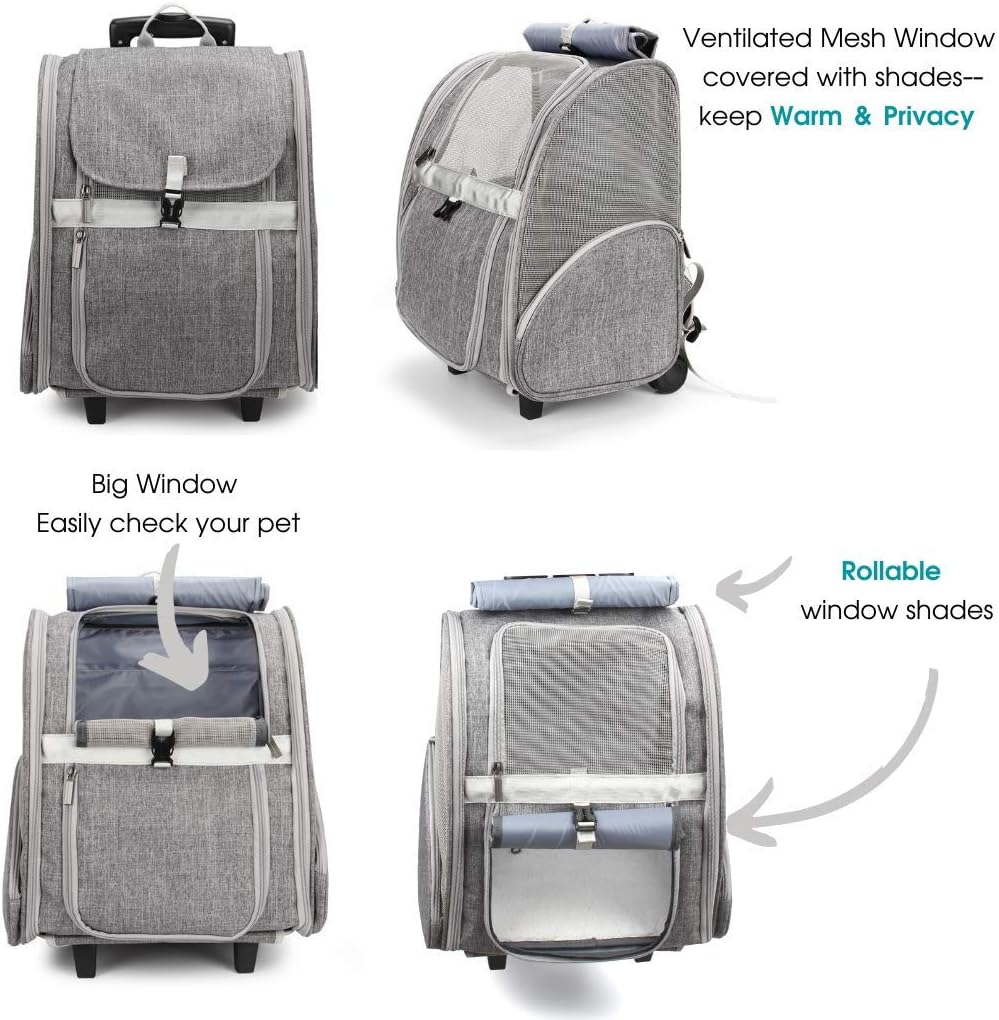Lollimeow Pet Rolling Carrier, Dog Backpack with Wheels,Cats,Puppies Travel Bag with Wheels,Dog Trolley(Grey)
