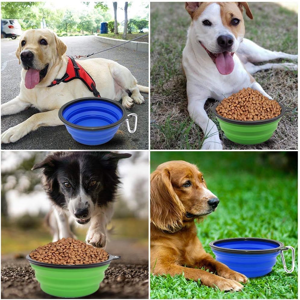 Large Dog Bowl Pet Collapsible Bowls, 2 Pack Collapsible Dog Water Bowls for Cats Dogs, Portable Pet Feeding Watering Dish for Walking Parking Traveling with 2 Carabiners (Large, Blue+Green)