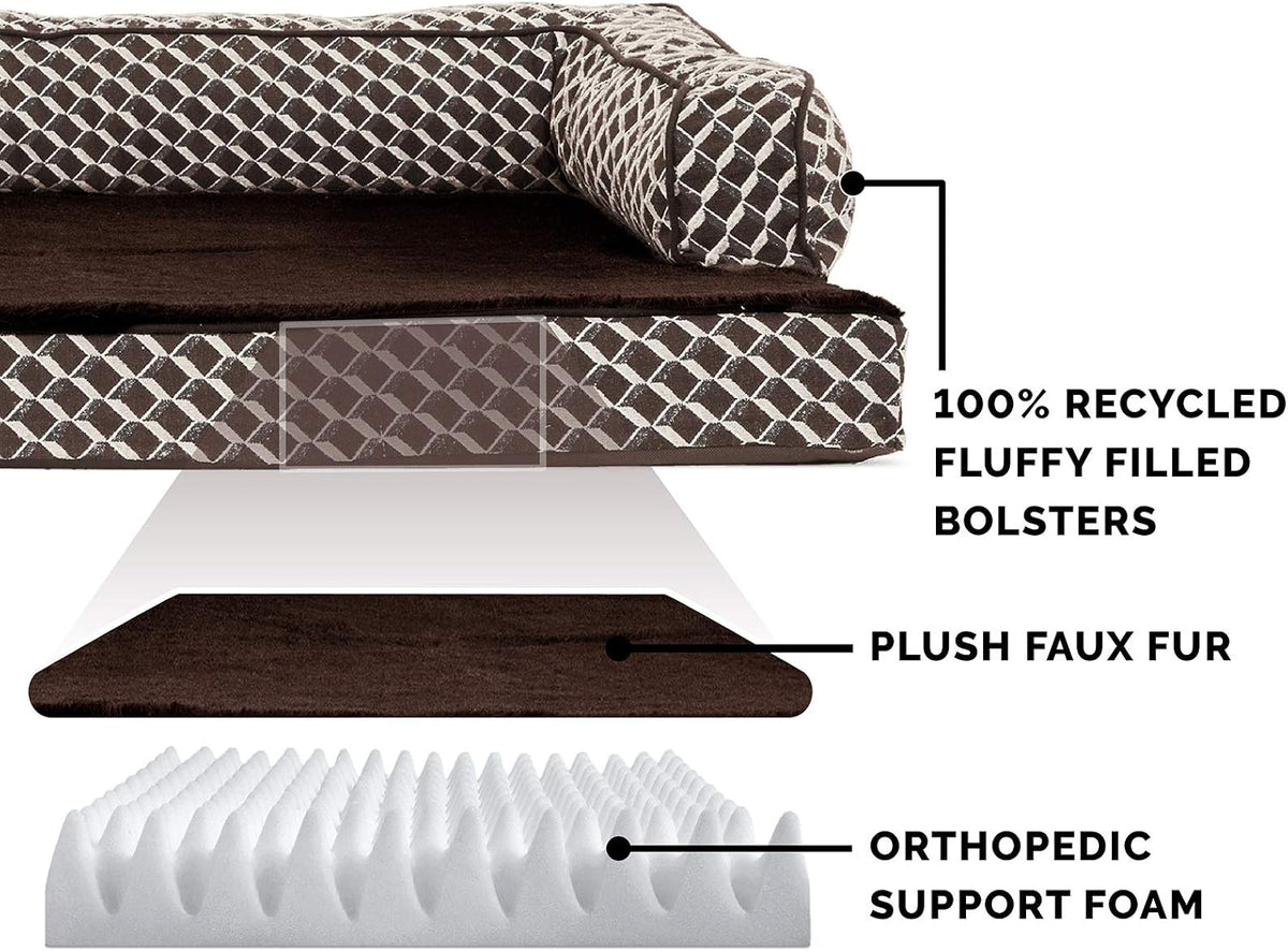 Furhaven Orthopedic Dog Bed for Small Dogs w/ Removable Bolsters & Washable Cover, For Dogs Up to 20 lbs - Plush & Woven Decor Comfy Couch Sofa - Diamond Brown, Small