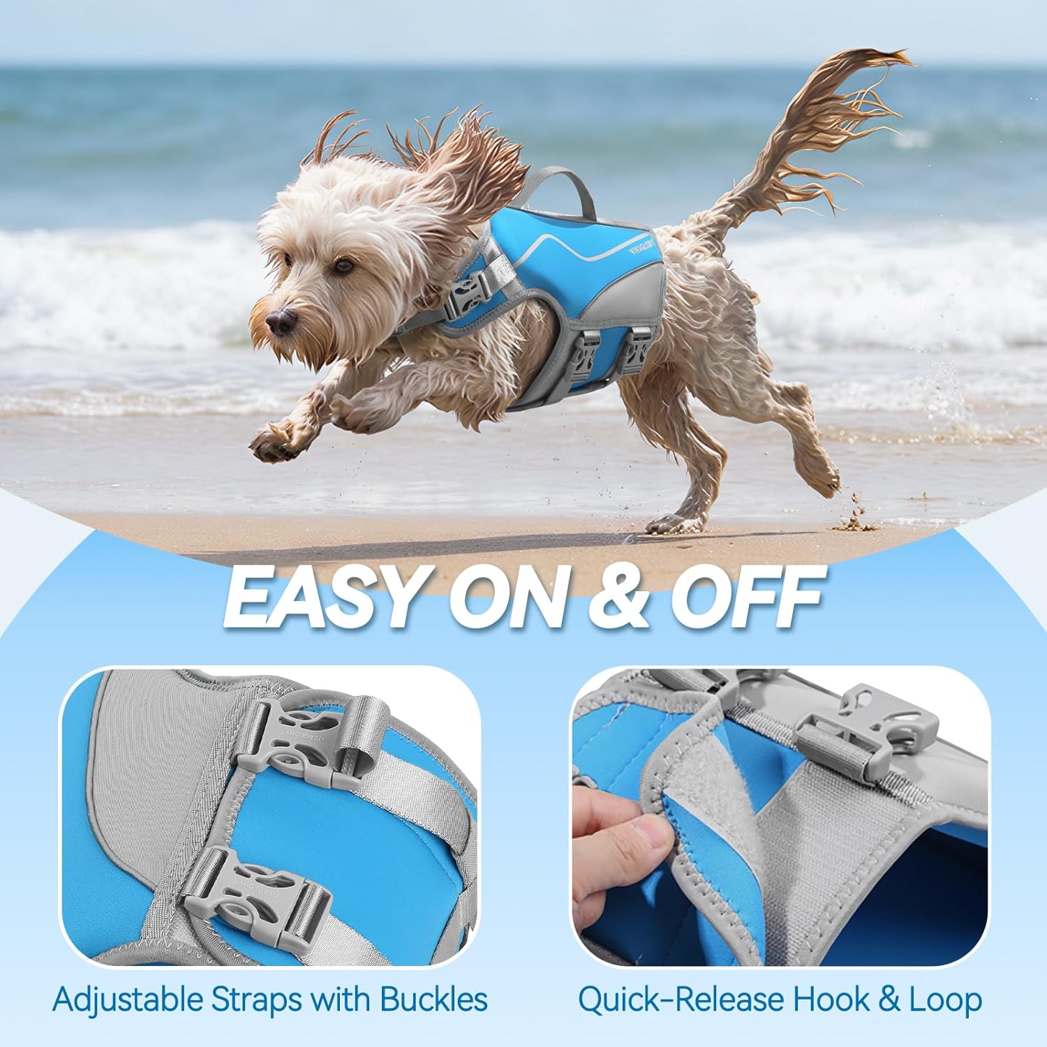 VIVAGLORY Dog Life Vest Neoprene Dog Swim Vest, XS, Cyra Blue | High Visibility Adjustable for Doggy Cat Puppy, Lifejacket with Leash Ring & Handle for Swimming & Boating