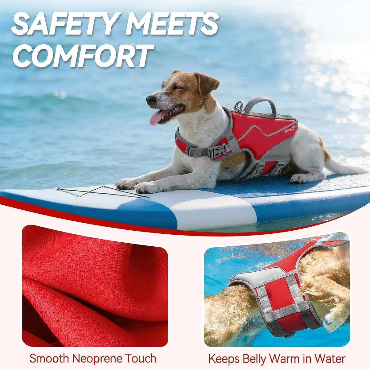 VIVAGLORY Dog Life Vest Neoprene Dog Swim Vest, M, Red | High Visibility Adjustable for Doggy Cat Puppy, Lifejacket with Leash Ring & Handle for Swimming & Boating