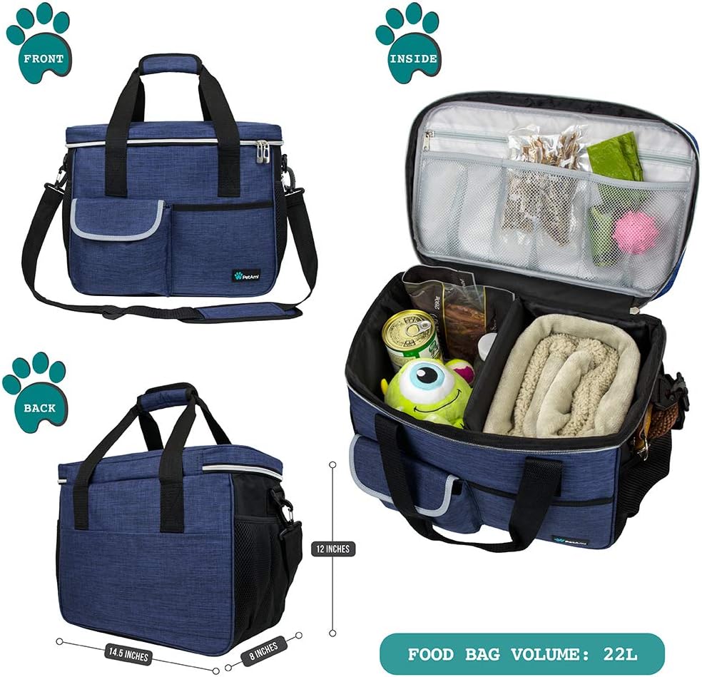 PetAmi Dog Travel Bag Organizer, Pet Travel Kit with 2 Food Containers & 2 Collapsible Dog Bowls, Pet Supplies Tote with Luggage Sleeve, Weekend Road Trip Camping Essentials, Navy Blue, Medium