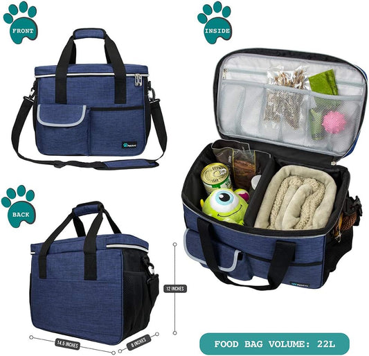 PetAmi Dog Travel Bag Organizer, Pet Travel Kit with 2 Food Containers & 2 Collapsible Dog Bowls, Pet Supplies Tote with Luggage Sleeve, Weekend Road Trip Camping Essentials, Navy Blue, Medium