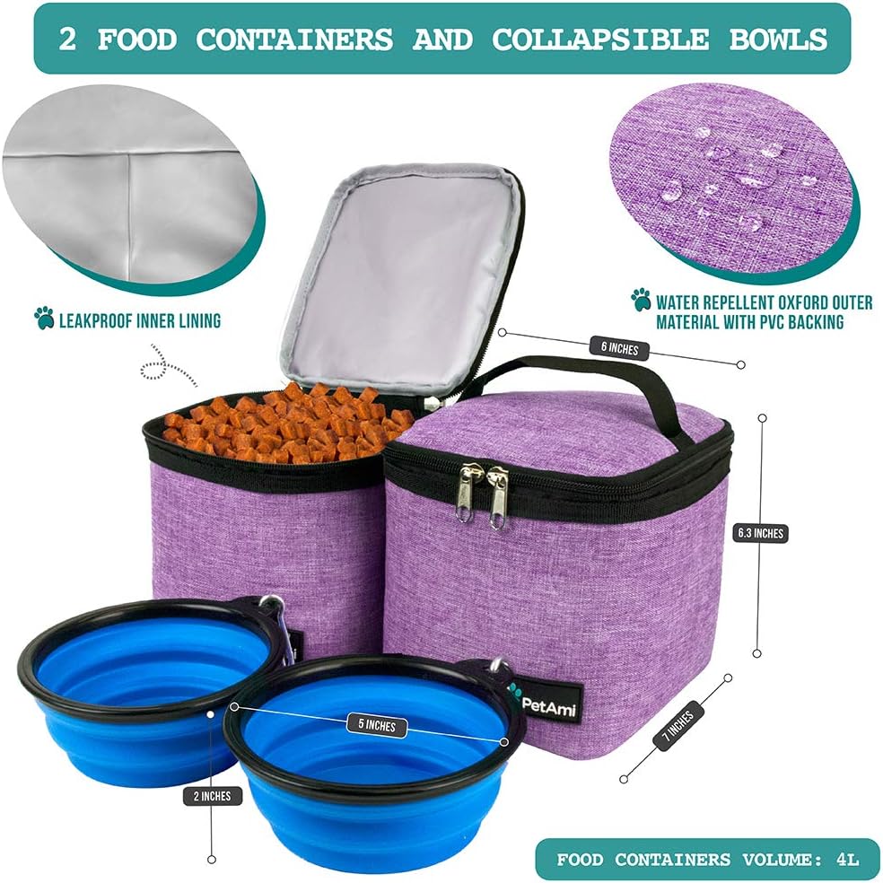 PetAmi Dog Travel Bag Backpack, 27L Airline Approved Pet Supplies Organizer with 2 Food Containers, 2 Collapsible Bowls & Poop Bag Dispenser, Weekend Road Trip Camping Dog Mom Gift, Purple