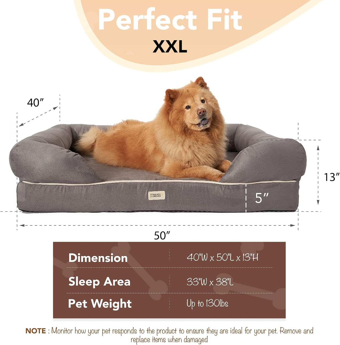 Friends Forever Orthopedic Dog Bed, Memory Foam Pet Sofa, Calming Dog Couch, Water Resistant Pet Bed, Washable Cover, Non-Slip Bottom, Chester, Grey, 50" x 40" x 13"