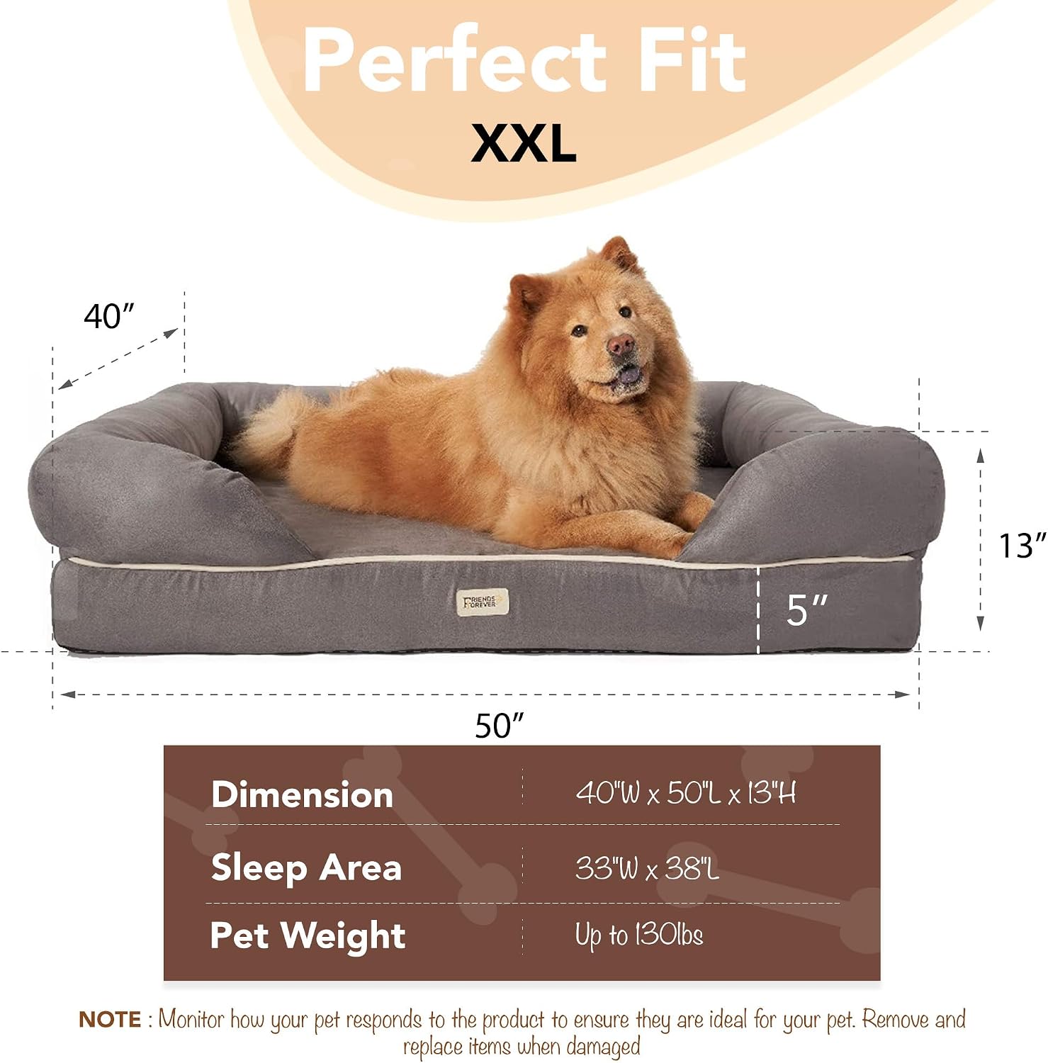 Friends Forever Orthopedic Dog Bed, Memory Foam Pet Sofa, Calming Dog Couch, Water Resistant Pet Bed, Washable Cover, Non-Slip Bottom, Chester, Grey, 50" x 40" x 13"