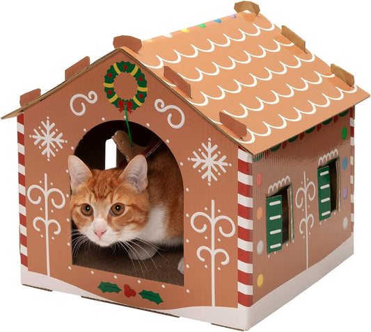 Furhaven Cardboard Cat House w/ Catnip for Indoor Cats, Ft. Scratching Pad & Hanging Toys - Decorated Gingerbread House Holiday Cat Scratcher Hideout - Christmas Print, One Size