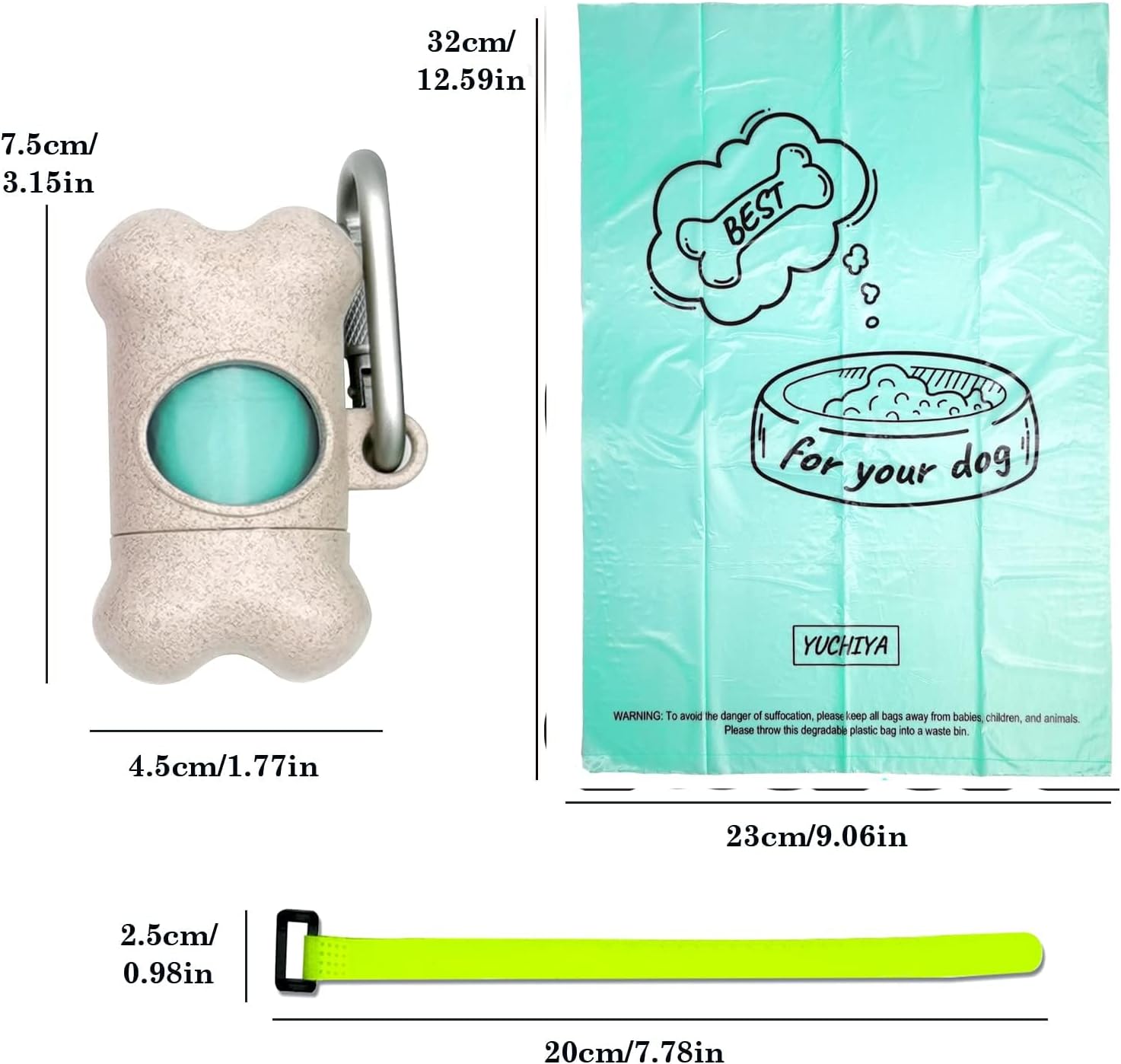 Dog Poop Pickup Bags Holder Dispenser with Standard-Sized Leak-Proof Scented Doggy Waste Bags and Carabiner with Safety Lock&Fastener Never Loose on Leash Lead Again (1 Holder 195 Bags, Beige)