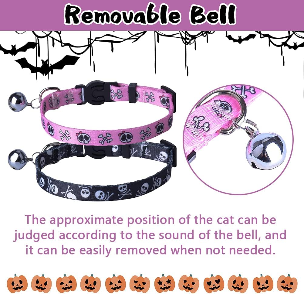 PUPTECK Cat Collar Breakaway with Bells, Kitten Collar Outfit Adjustable for Girl Boy Small Pet Puppy Bunny, Cute Costume Accessory with Safety Release Buckle (Skull)