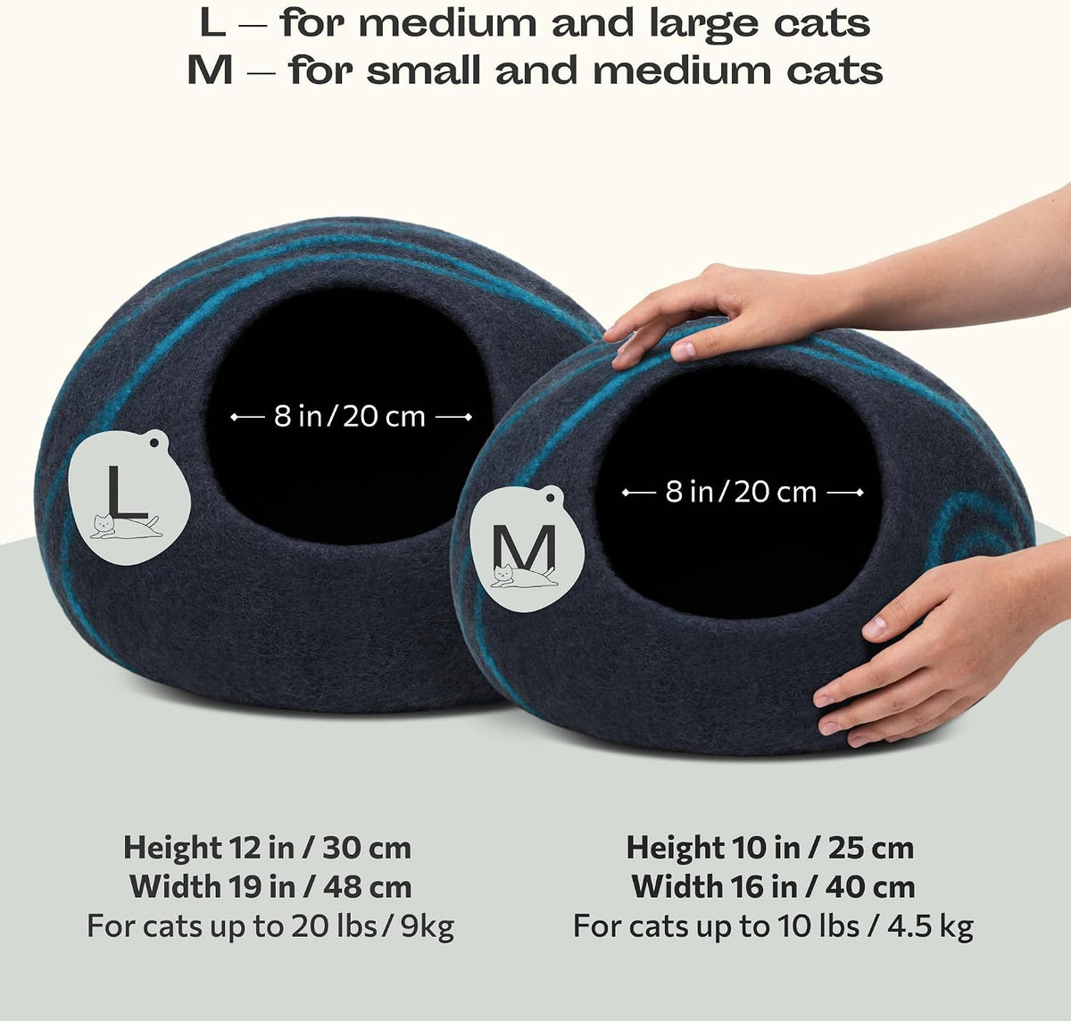 MEOWFIA Cat Cave – Premium Felt Cat Bed for Indoor Cats, Handmade 100% Merino Wool (Large, Black Aqua)