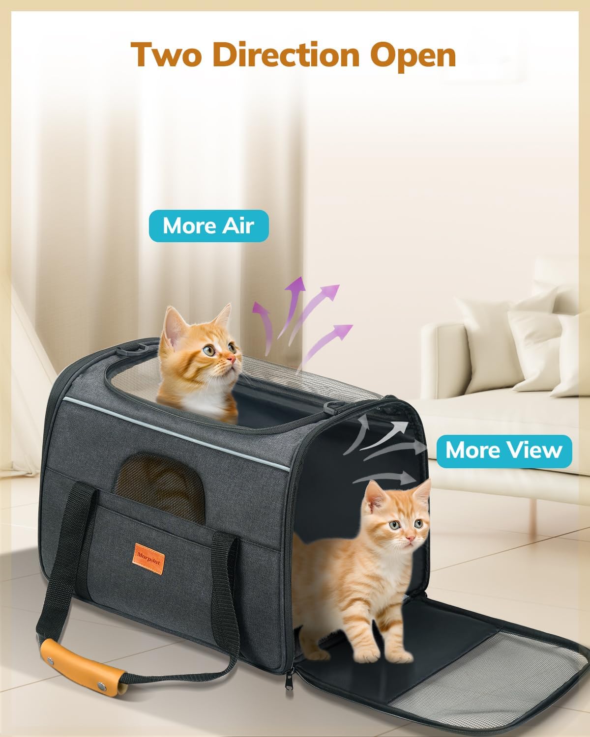 Morpilot Cat Carrier - Cat Carrier Soft for Medium or Large Cats up to 20lbs, with Dual-Sided Cushion, Secure Buckle and Foldable Bowl, Dog Carriers for Small Dogs - Pet Carrier (Dark Gray)