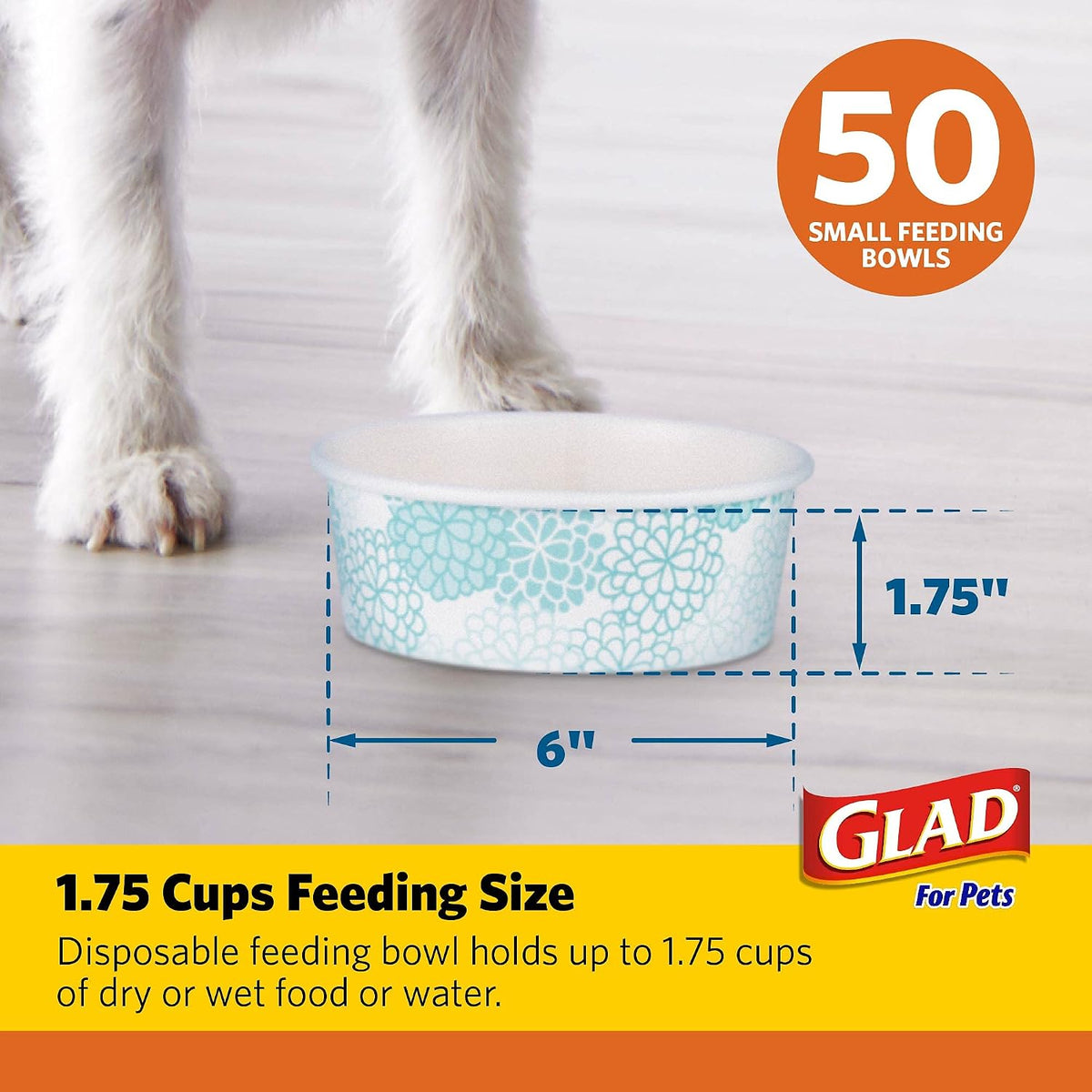 Glad for Pets Disposable Feeding Bowls | Small Dog Bowls in Teal Pattern | 1.75 Cup Feeding Size, 50 Count - Dog Bowls are Great for Dry and Wet Dog Food or Water