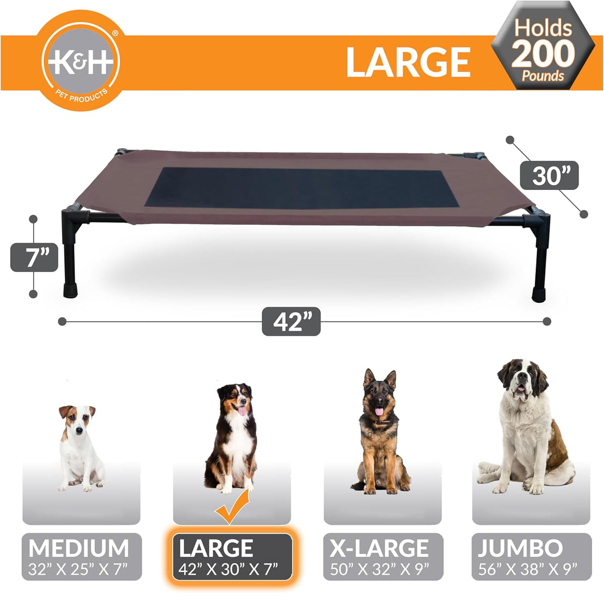 K&H Outdoor Elevated Dog Bed - Cooling Raised Dog Bed for Medium & Large Pets, Breathable Mesh Center Hammock Design, Indoor/Outdoor Washable Cover, Portable Metal Frame, Chocolate, Large 42x30in