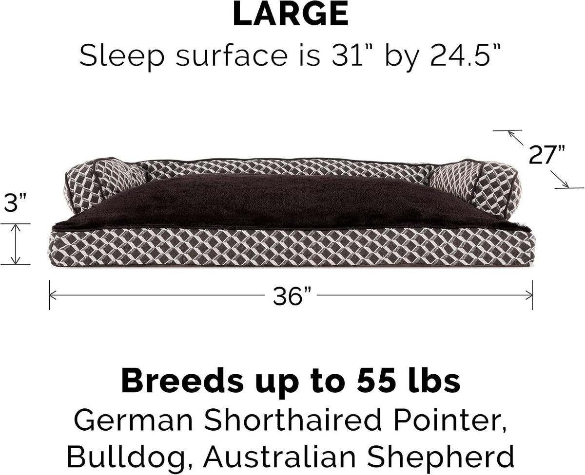 Furhaven Pillow Dog Bed for Large/Medium Dogs w/ Removable Bolsters & Washable Cover - Plush & Woven Decor Comfy Couch Sofa - Diamond Brown, Large
