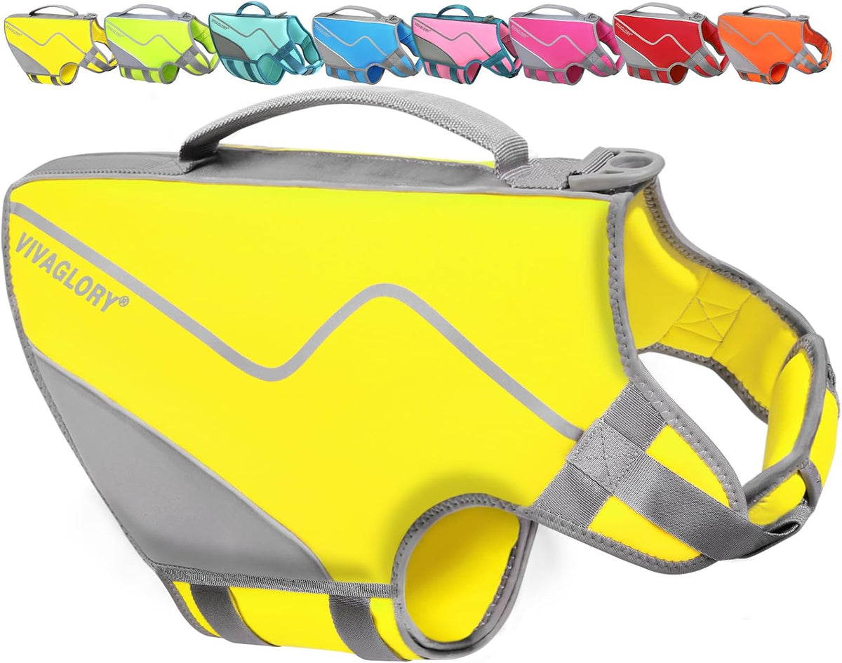 VIVAGLORY Dog Life Vest Neoprene Dog Swim Vest, XS, Alpha Yellow | High Visibility Adjustable for Doggy Cat Puppy, Lifejacket with Leash Ring & Handle for Swimming & Boating