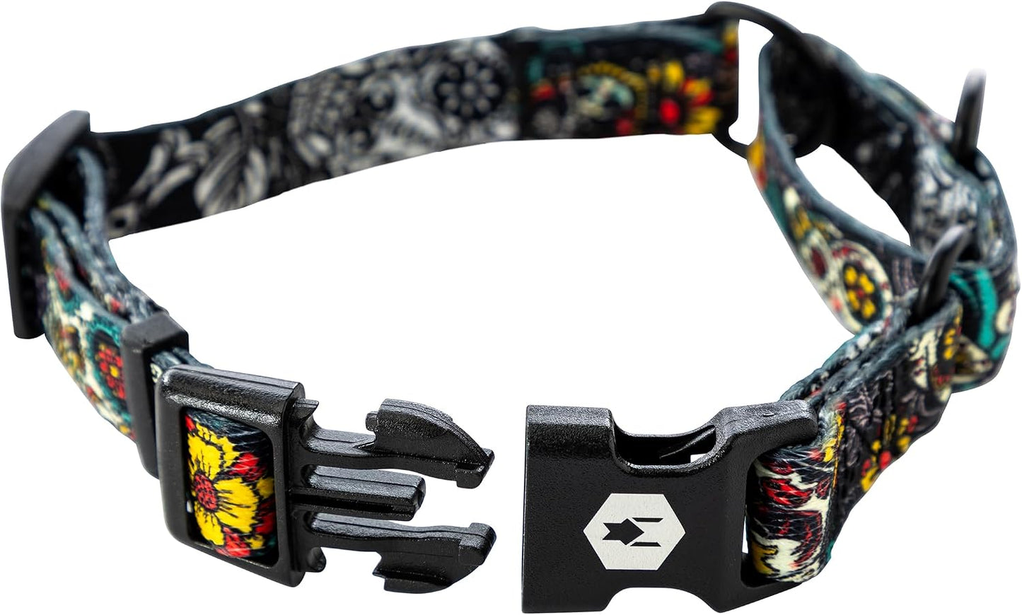 Wolfgang Heavy Duty Martingale Dog Collar with Quick Release Nylon Buckle for Walking & Training, LosMuertos Print, Small
