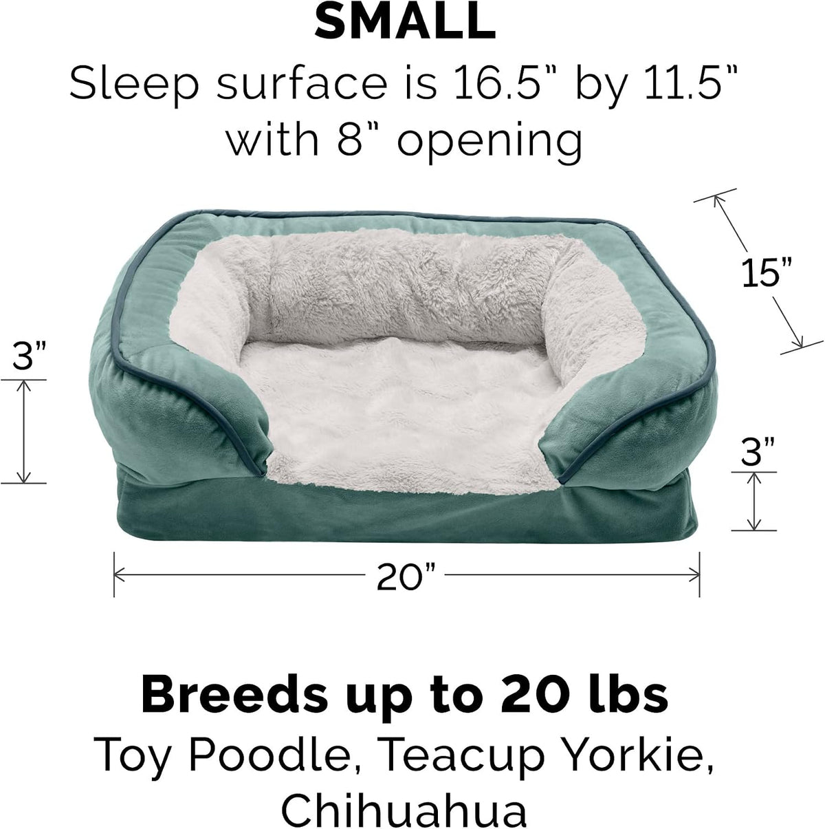 Furhaven Memory Foam Dog Bed for Small Dogs w/ Removable Bolsters & Washable Cover, For Dogs Up to 20 lbs - Plush & Velvet Waves Perfect Comfort Sofa - Celadon Green, Small