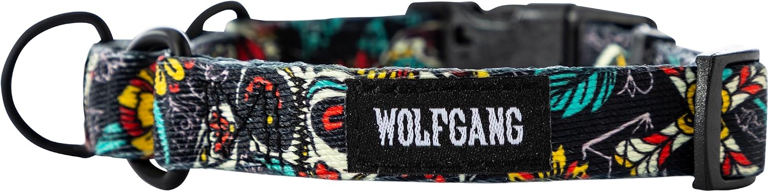 Wolfgang Heavy Duty Martingale Dog Collar with Quick Release Nylon Buckle for Walking & Training, LosMuertos Print, Small