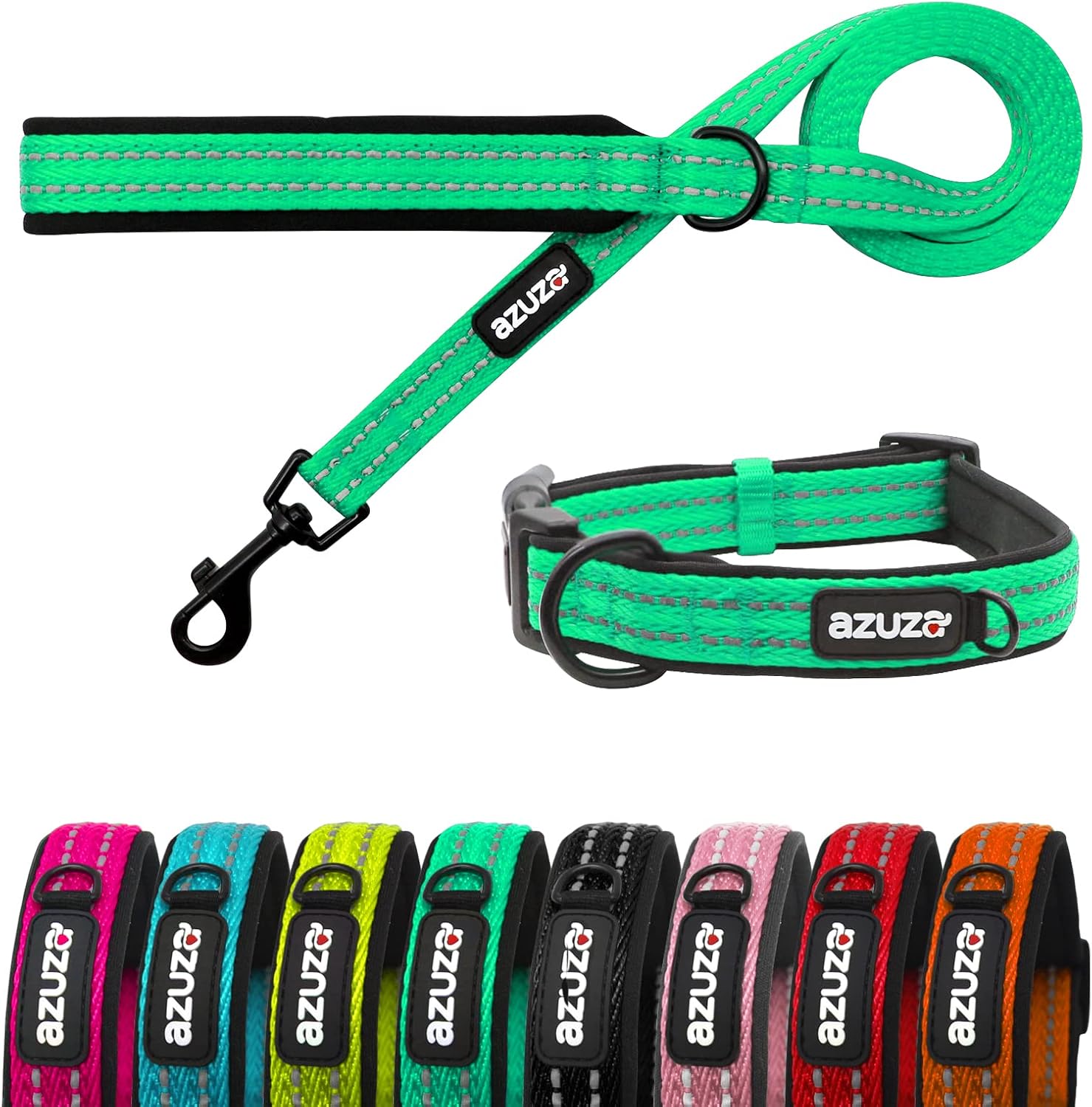 azuza Durable Padded Dog Leash and Collar Set,Reflective Strip Extra Safe and Comfy for Medium Dogs,Blue