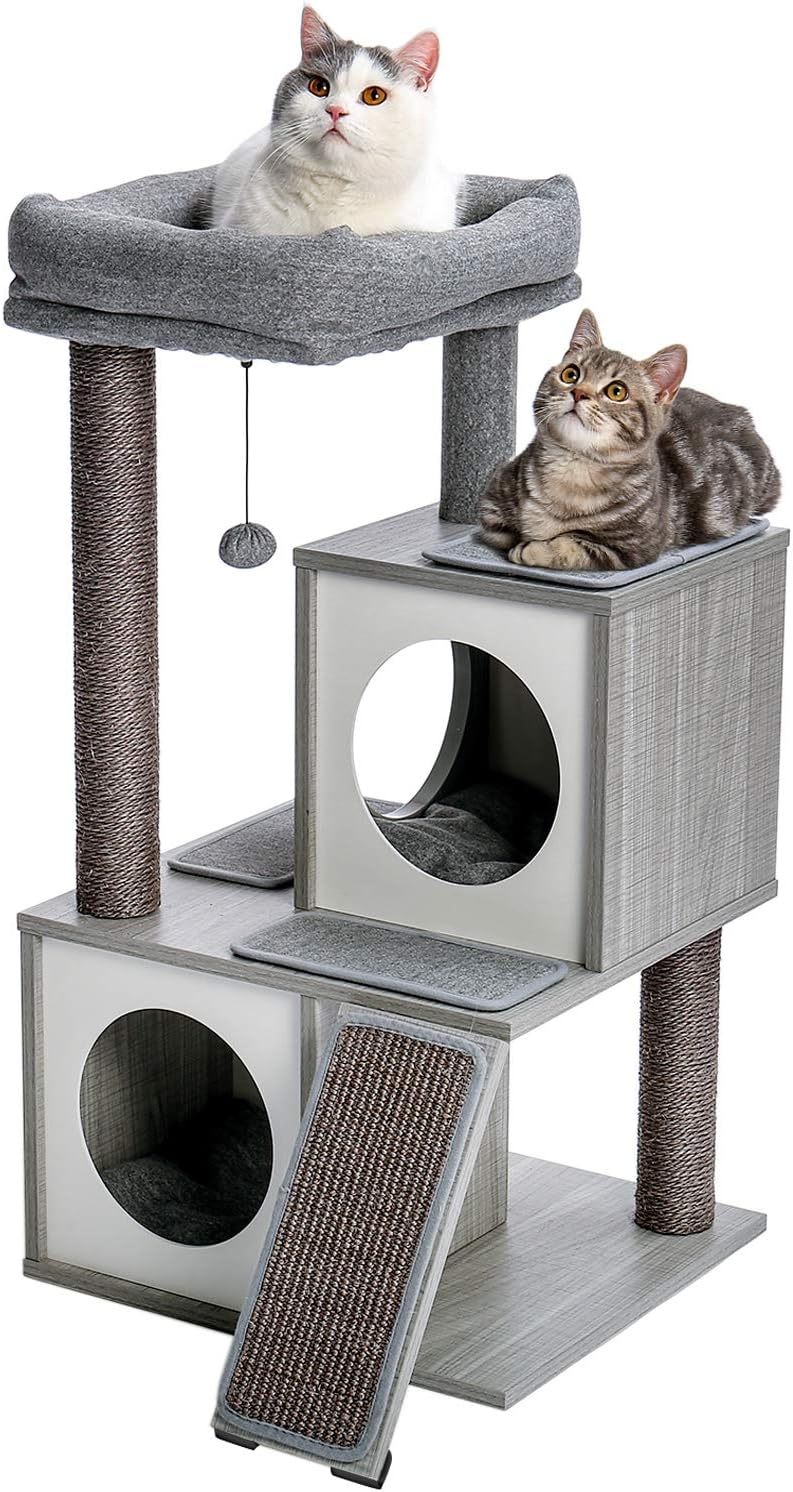 PAWZ Road Cat Tree 35 Inches Wooden Cat Tower with Double Condos, Spacious Perch, Fully Wrapped Scratching Sisal Posts and Replaceable Dangling Balls-Gray