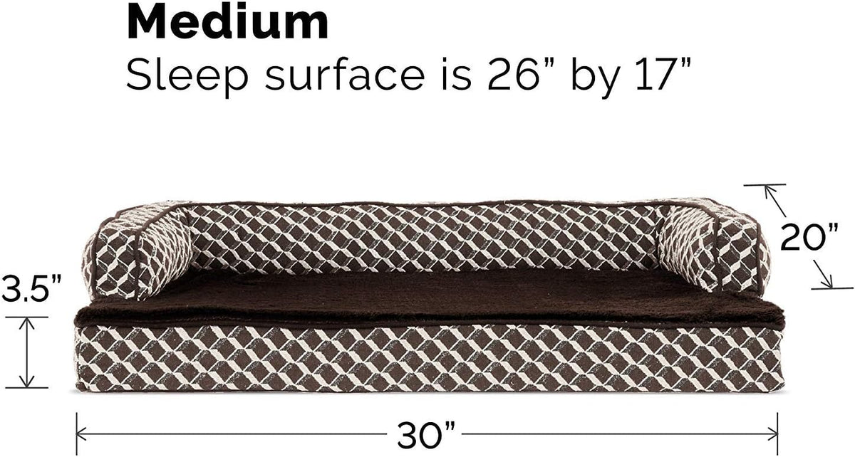 Furhaven Orthopedic Dog Bed for Medium/Small Dogs w/ Removable Bolsters & Washable Cover, For Dogs Up to 35 lbs - Plush & Woven Decor Comfy Couch Sofa - Diamond Brown, Medium