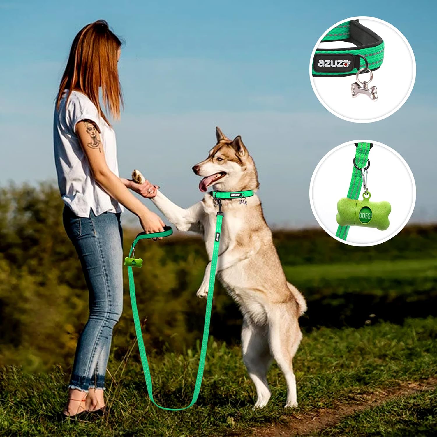 azuza Durable Padded Dog Leash and Collar Set,Reflective Strip Extra Safe and Comfy for Medium Dogs,Blue