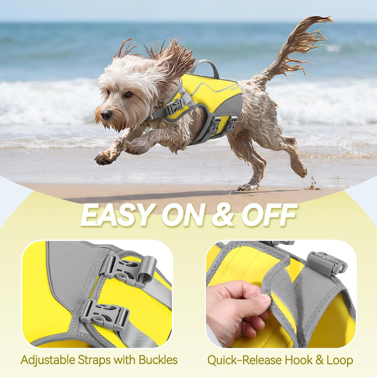 VIVAGLORY Dog Life Vest Neoprene Dog Swim Vest, XS, Alpha Yellow | High Visibility Adjustable for Doggy Cat Puppy, Lifejacket with Leash Ring & Handle for Swimming & Boating