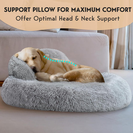 PetJett Calming Dog Beds Large Sized Dog - Round Bed, Anti-Slip & Washable Super Soft Donut Bed, Fluffy Faux Fur Anti-Anxiety Premium Comfort Pet Bed, Fits Dogs - Bright Grey