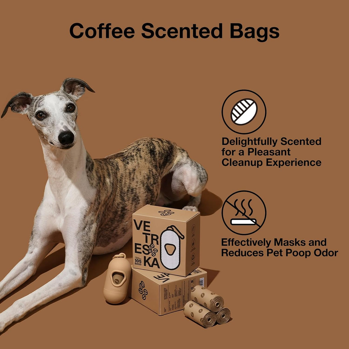 VETRESKA Dog Poop Bags Dispenser with Coffee Scented Waste Bags, Leak Proof, Extra Thick & Strong, 1 Holder and 105 Count Pet Poop Bags (7 Refill Rolls) for Dogs and Cats